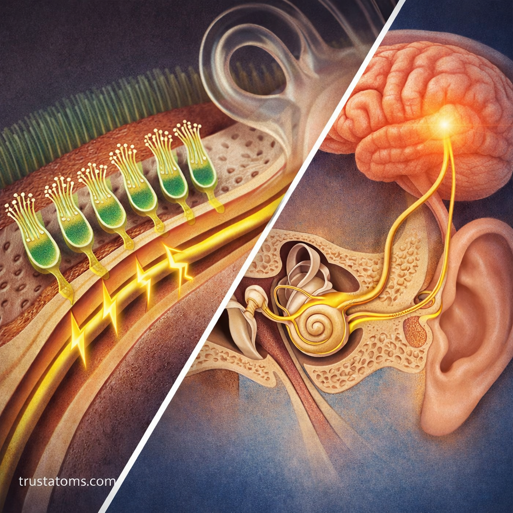 Split diagram showing cochlear hair cells converting sound vibrations into electrical signals and the ear sending signals to the brain.