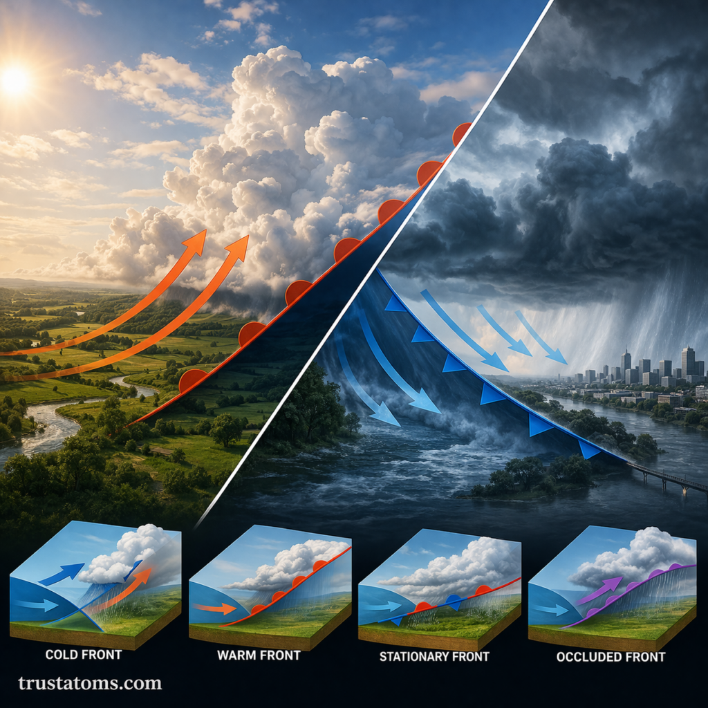 Split diagram comparing a warm front with rising air and a cold front with dense air pushing underneath, producing clouds and rain.