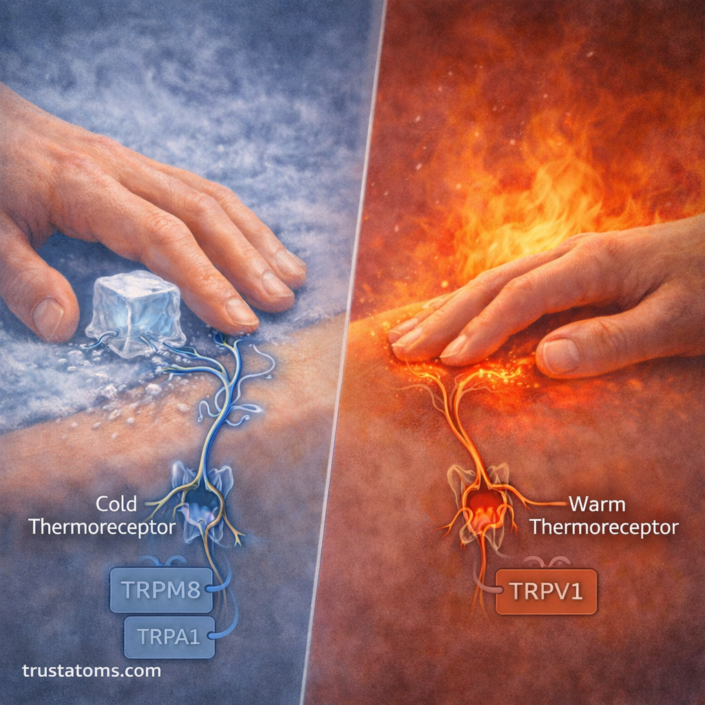 Split illustration showing cold thermoreceptors responding to ice and warm thermoreceptors responding to heat on the skin.