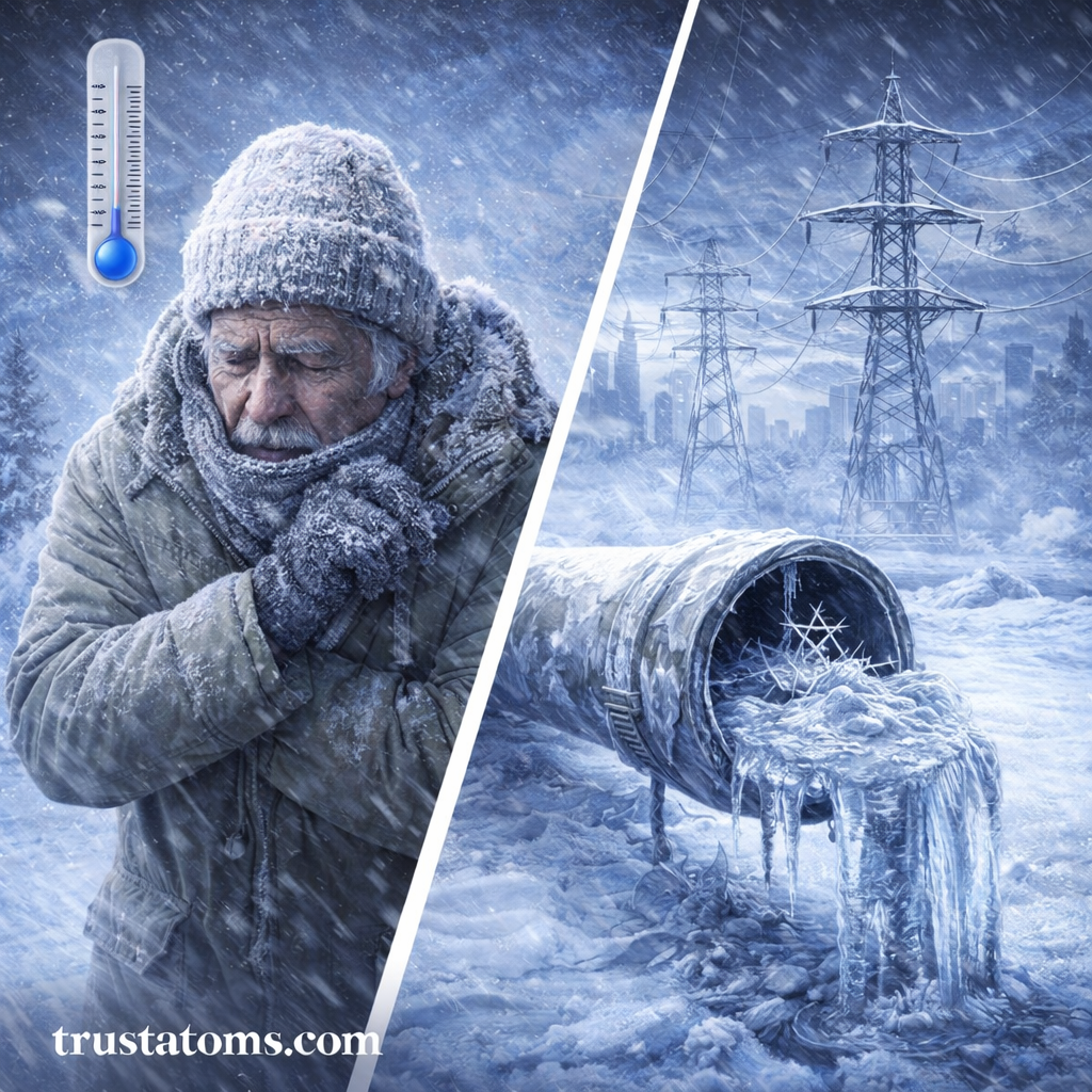 Split image showing a person suffering in extreme cold on one side and frozen pipes and power infrastructure damage on the other.