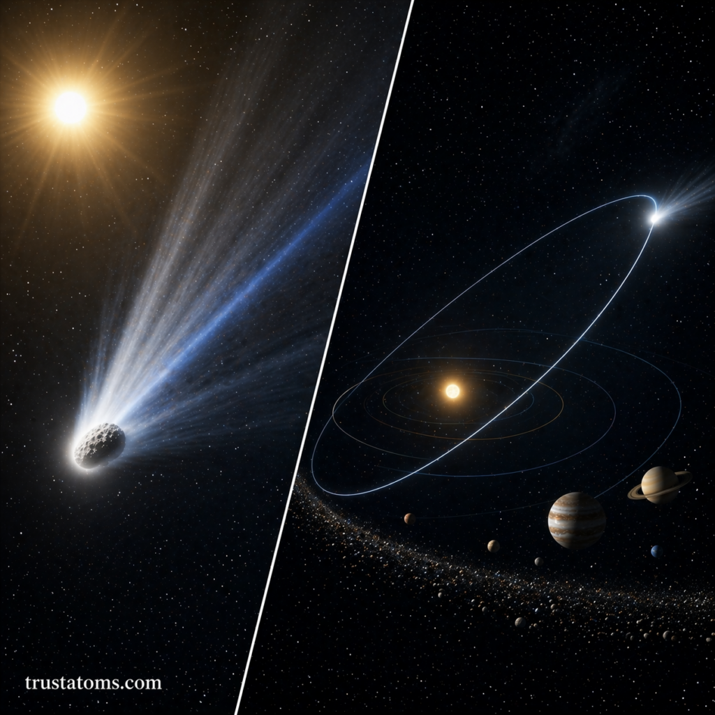 Split illustration showing a comet developing a glowing tail near the Sun and its elongated orbit path through the solar system.
