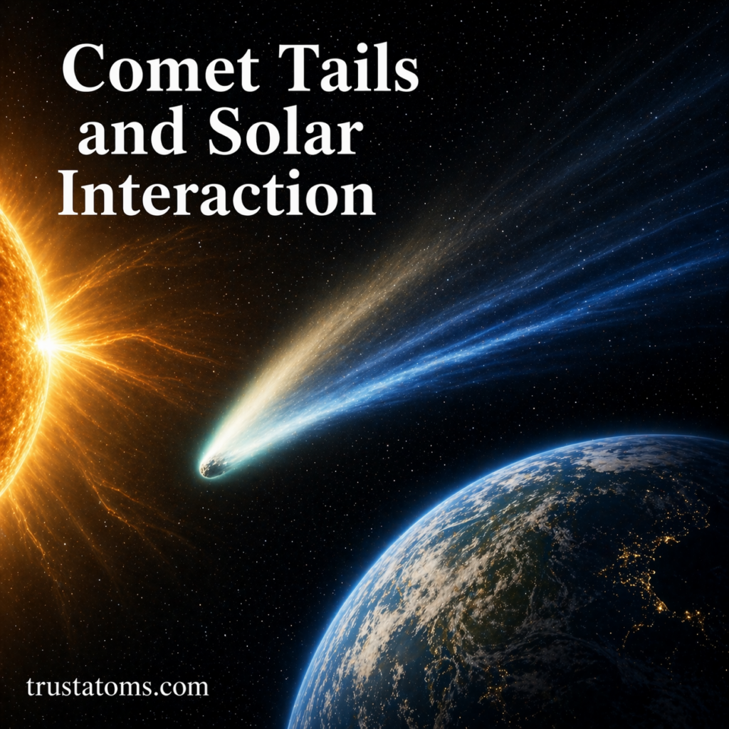 Illustration of a comet near the Sun with glowing dust and ion tails shaped by solar interaction.