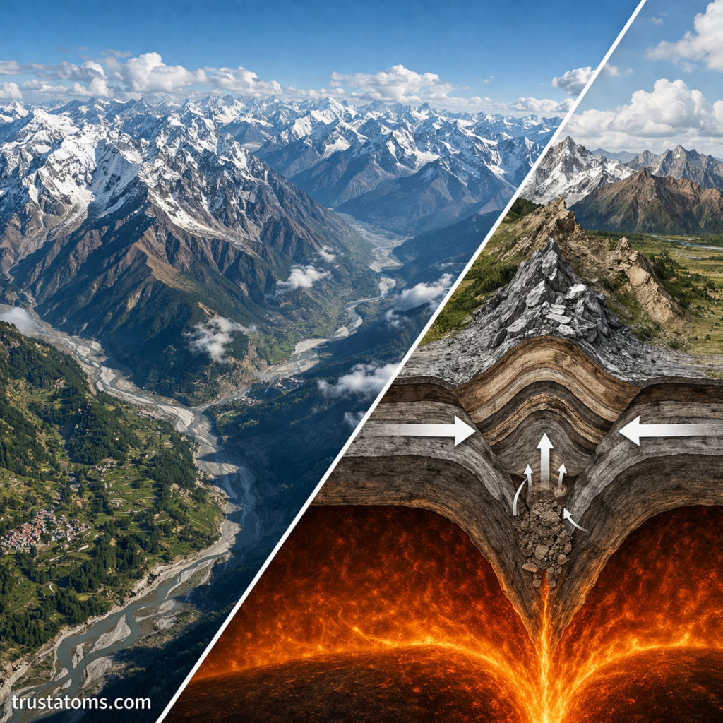 Split illustration showing mountain range formation alongside a cross-section of folded crust from continental collision.