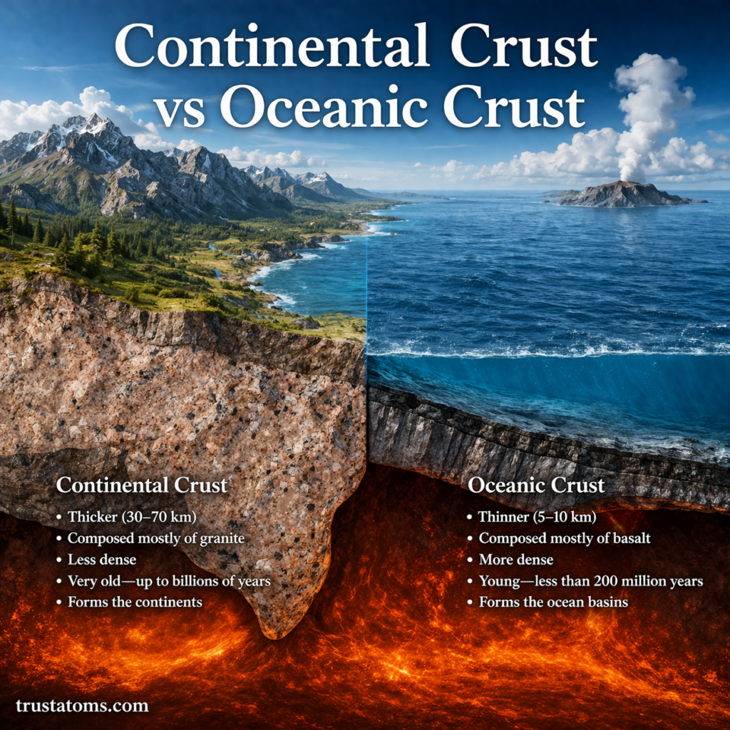 Side-by-side diagram comparing continental crust and oceanic crust showing differences in thickness, composition, and structure.