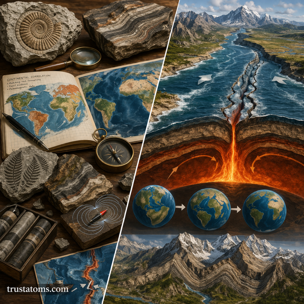 Split illustration showing continental cycle with geological evidence, mantle convection, rifting, and mountain formation.
