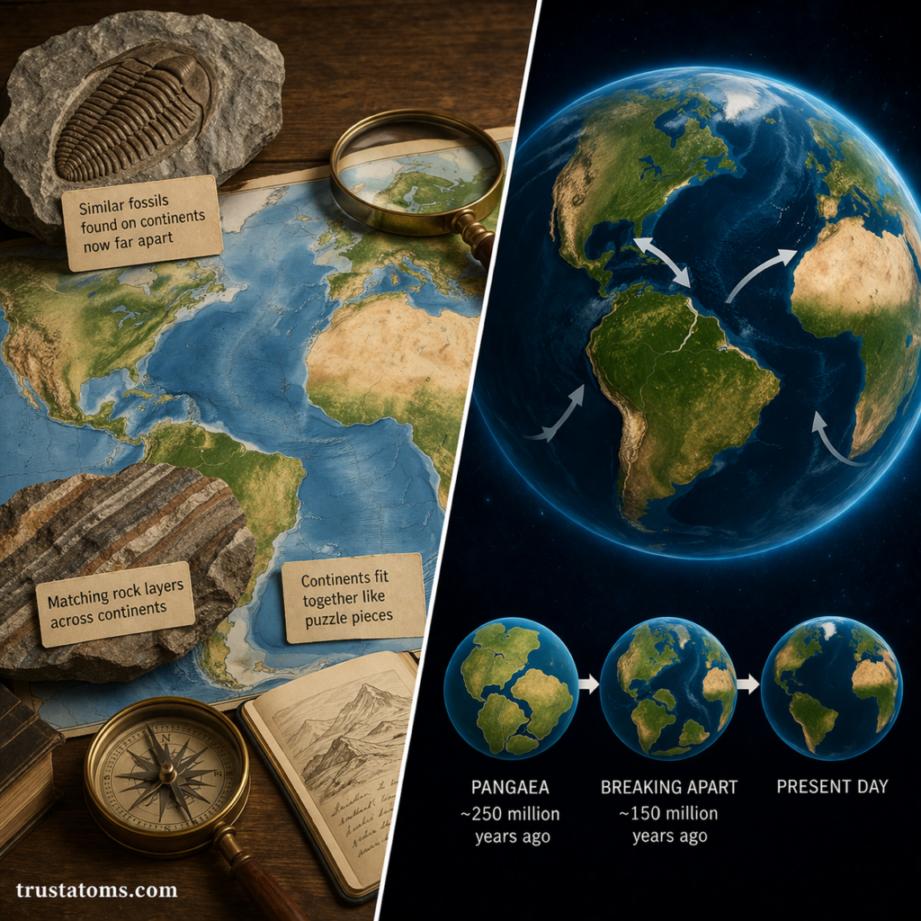 Split illustration showing continental drift evidence with matching fossils and rock layers on one side and modern continent movement on the other.
