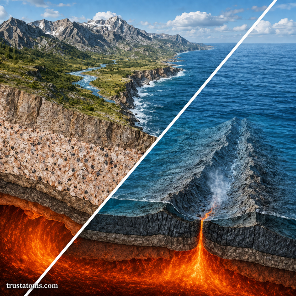 Diagonal split illustration comparing continental crust landmass with oceanic crust at a mid-ocean ridge and magma beneath.