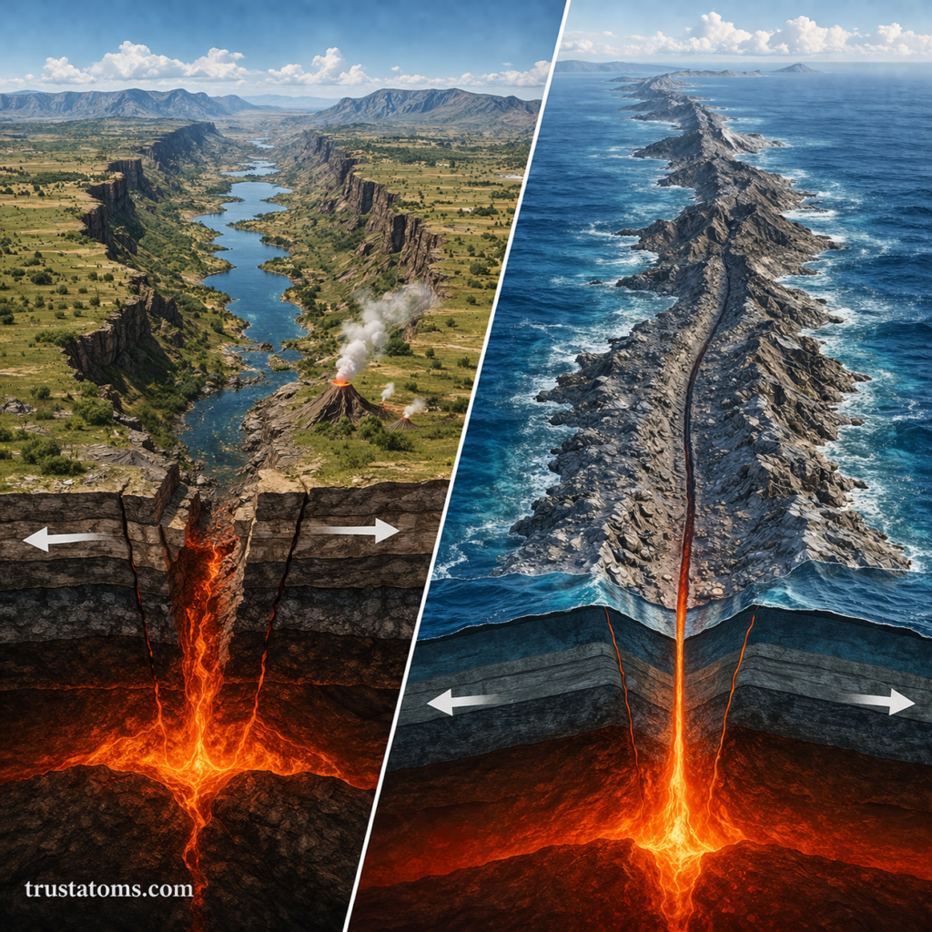 Split diagram showing a continental rift valley with lakes and faults on one side and an oceanic rift with a mid-ocean ridge on the other.