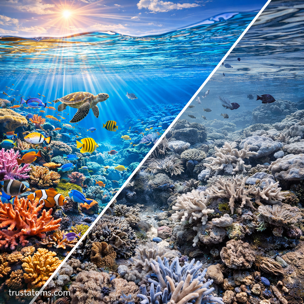 Split illustration showing healthy vibrant coral reef on one side and bleached damaged coral reef on the other.