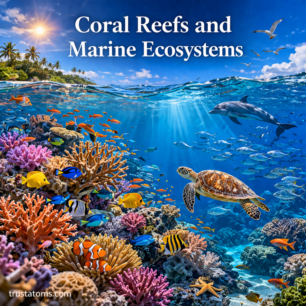 Vibrant coral reef ecosystem with diverse marine life including fish, sea turtle, and dolphin in clear tropical ocean water.