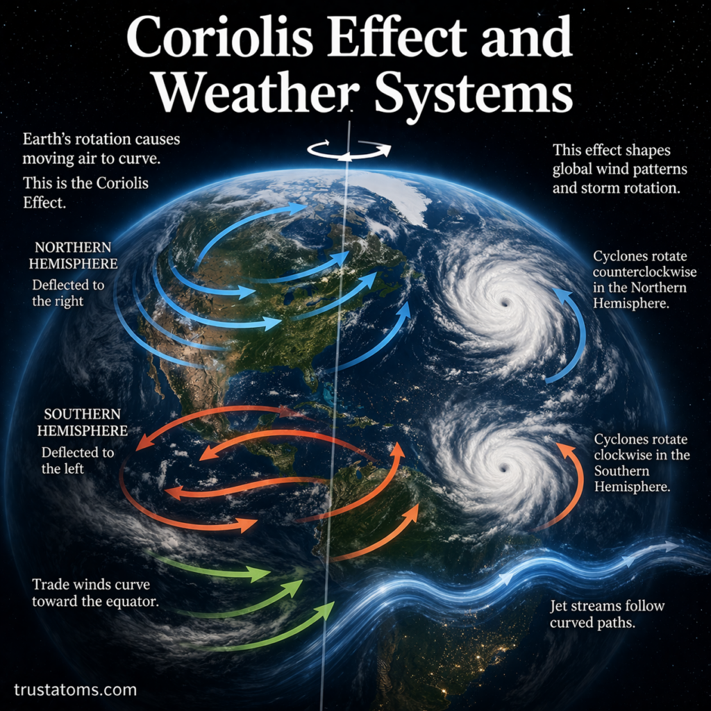Illustration of Earth showing the Coriolis effect with curved wind patterns and rotating storm systems in both hemispheres.