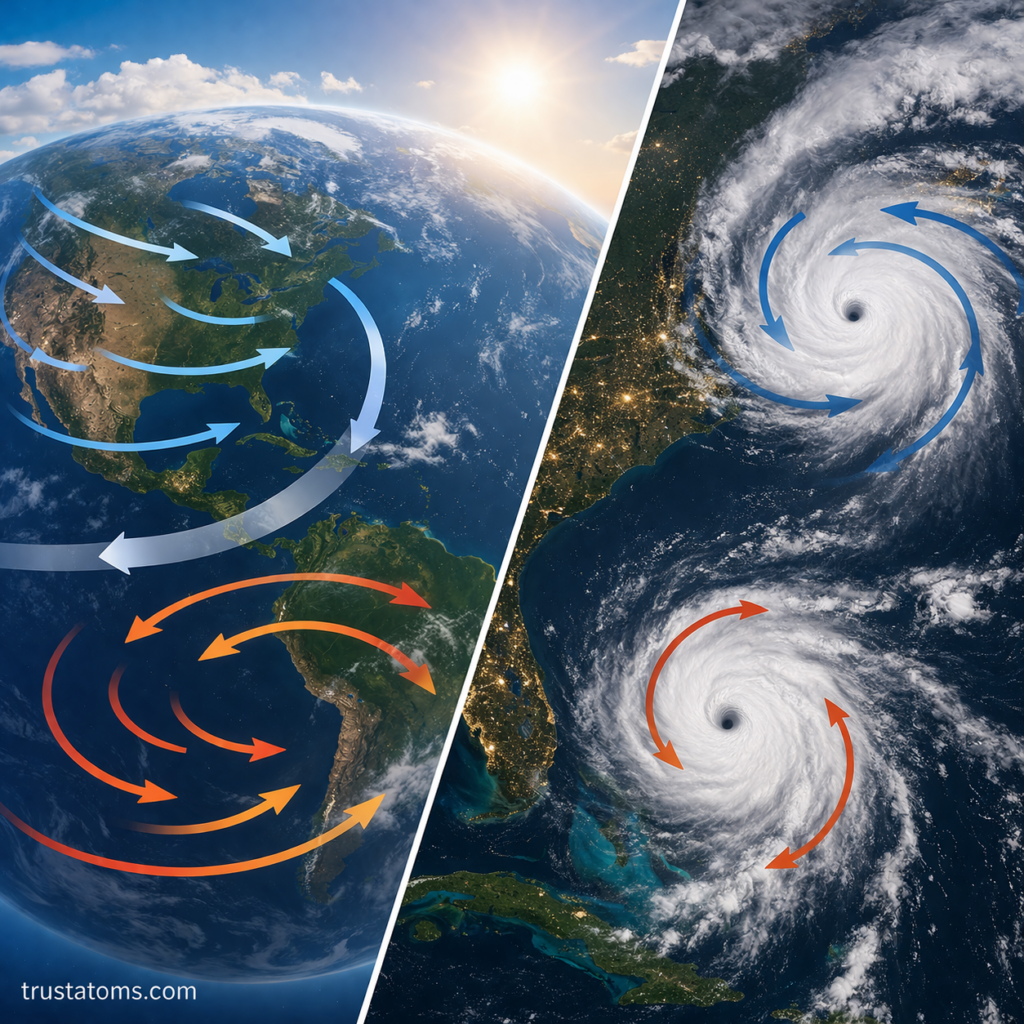 Split-view illustration showing global wind deflection patterns on Earth and rotating hurricanes in both hemispheres due to the Coriolis effect.