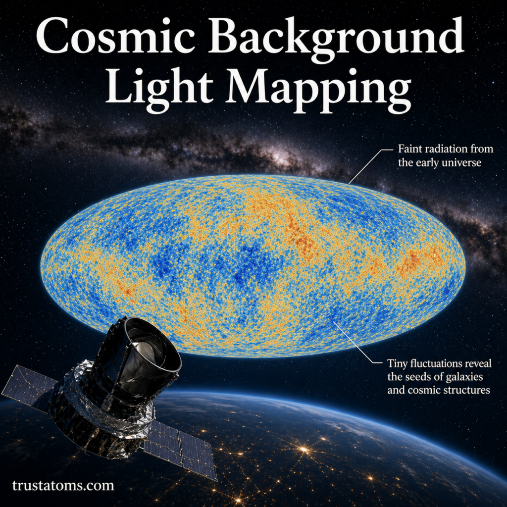 Illustration of cosmic background light mapping showing a full-sky radiation map with subtle temperature variations and a space telescope observing the universe.
