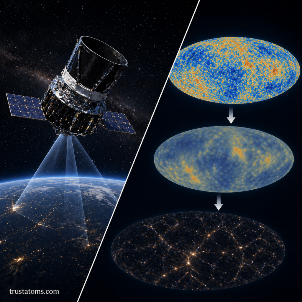 Split illustration showing a space telescope collecting cosmic background light and the transformation of early radiation maps into large-scale cosmic structure.