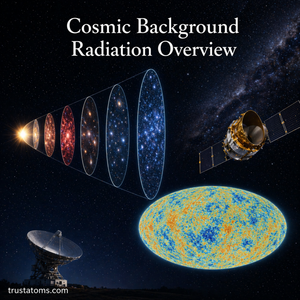 Illustration showing cosmic background radiation with early universe expansion and a cosmic microwave background map.