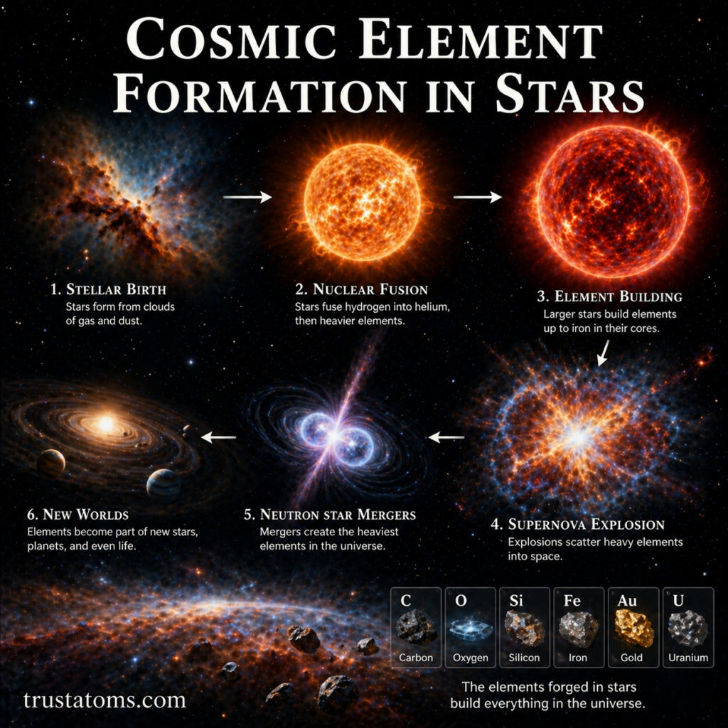 Illustration showing how elements form in stars through fusion, supernova explosions, and neutron star mergers.