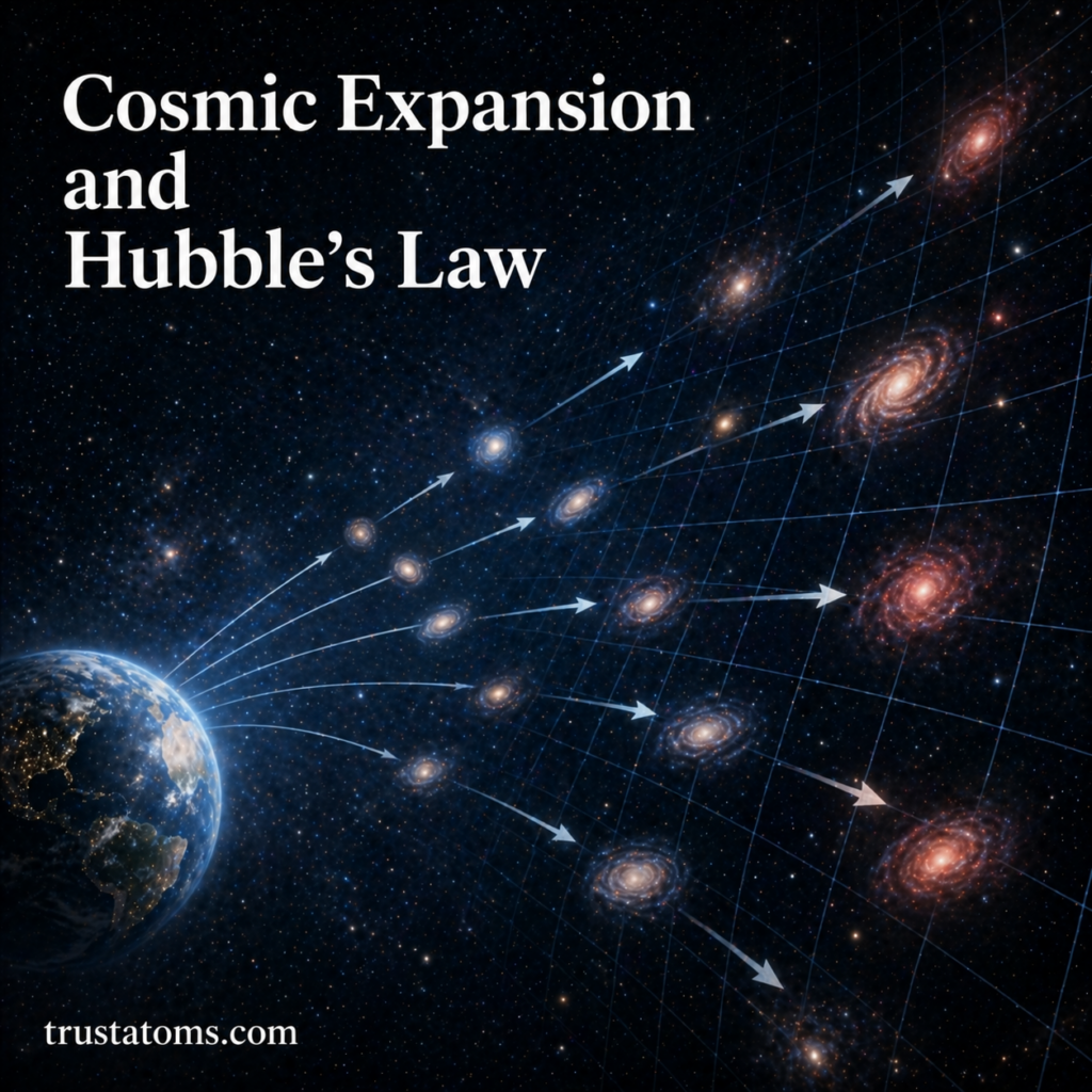 Illustration of galaxies moving away from Earth in an expanding universe, demonstrating cosmic expansion and Hubble’s Law.