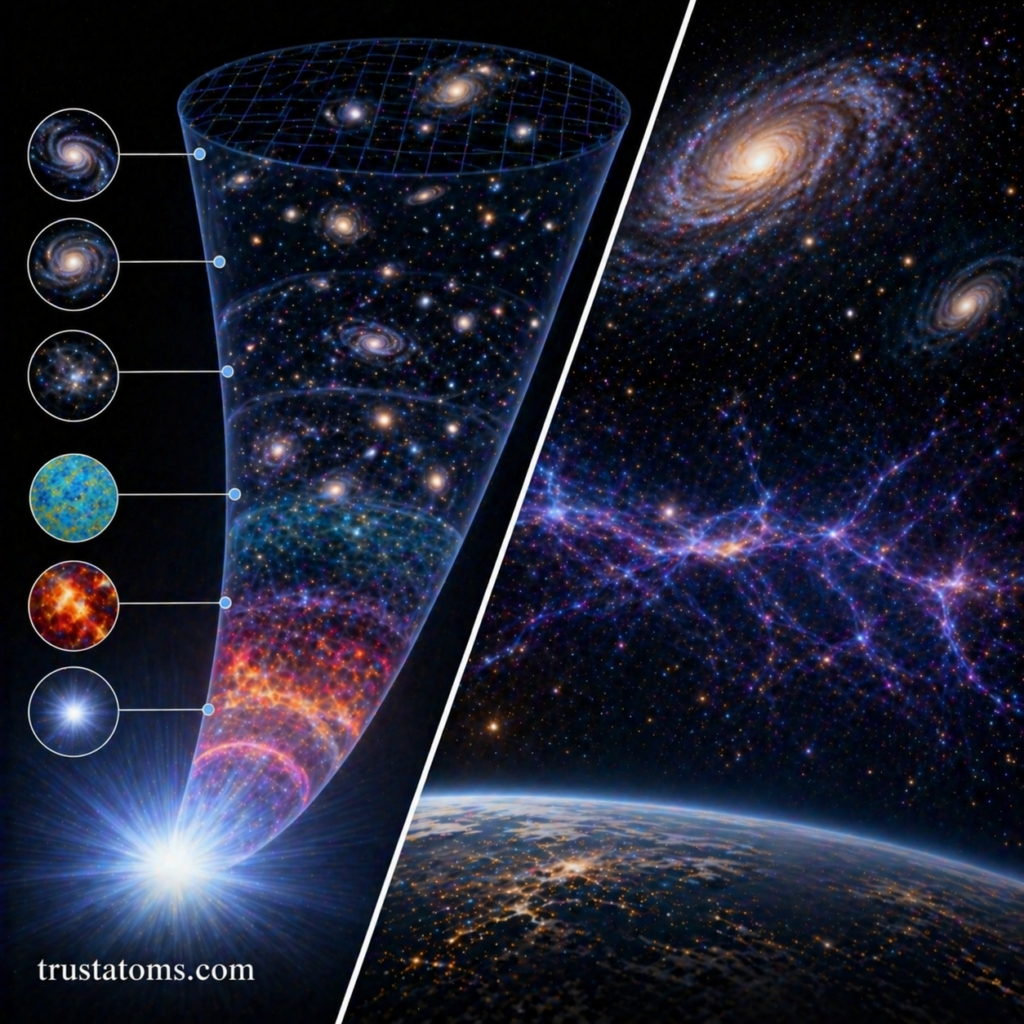 Split illustration showing the expanding universe timeline alongside large-scale cosmic structure with galaxies and filaments.