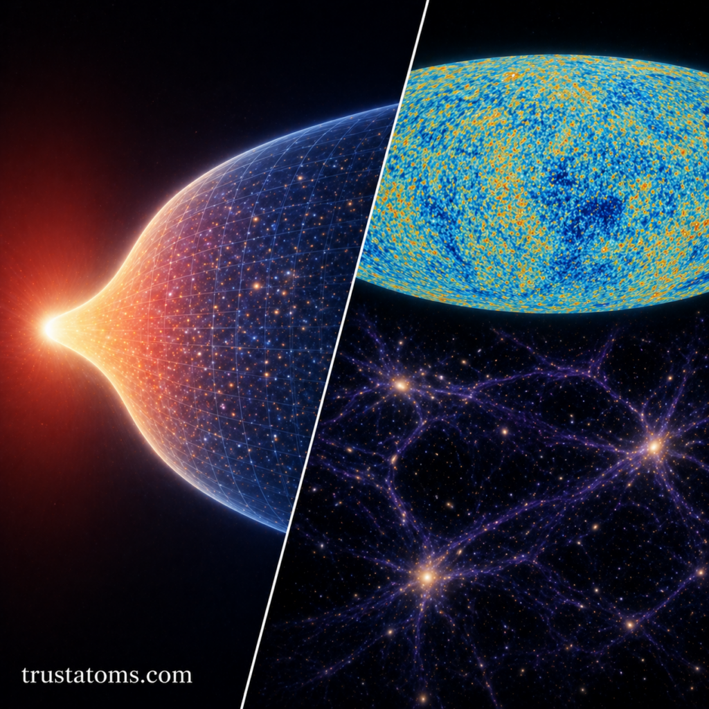 Split illustration showing early cosmic inflation expansion on one side and the cosmic microwave background with large-scale structure on the other.