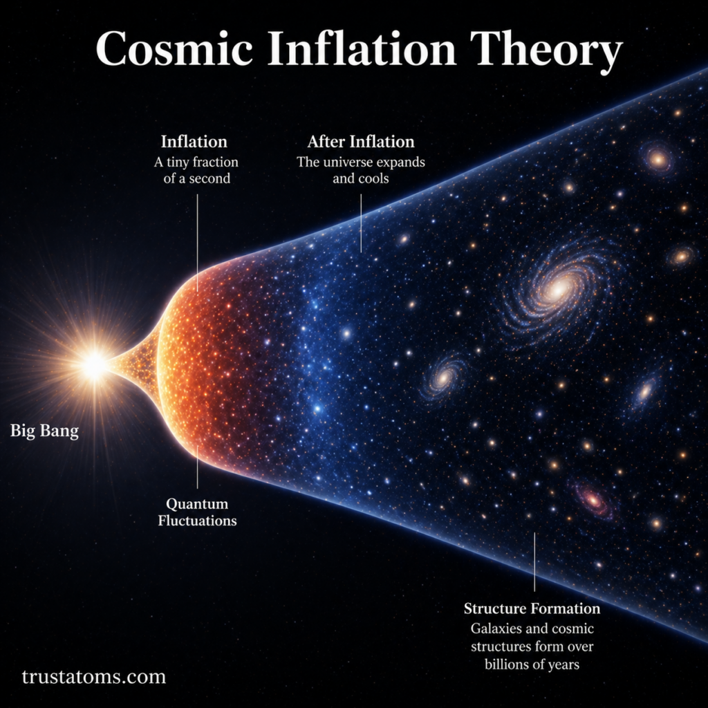 Illustration of cosmic inflation theory showing rapid expansion after the Big Bang leading to galaxy formation.