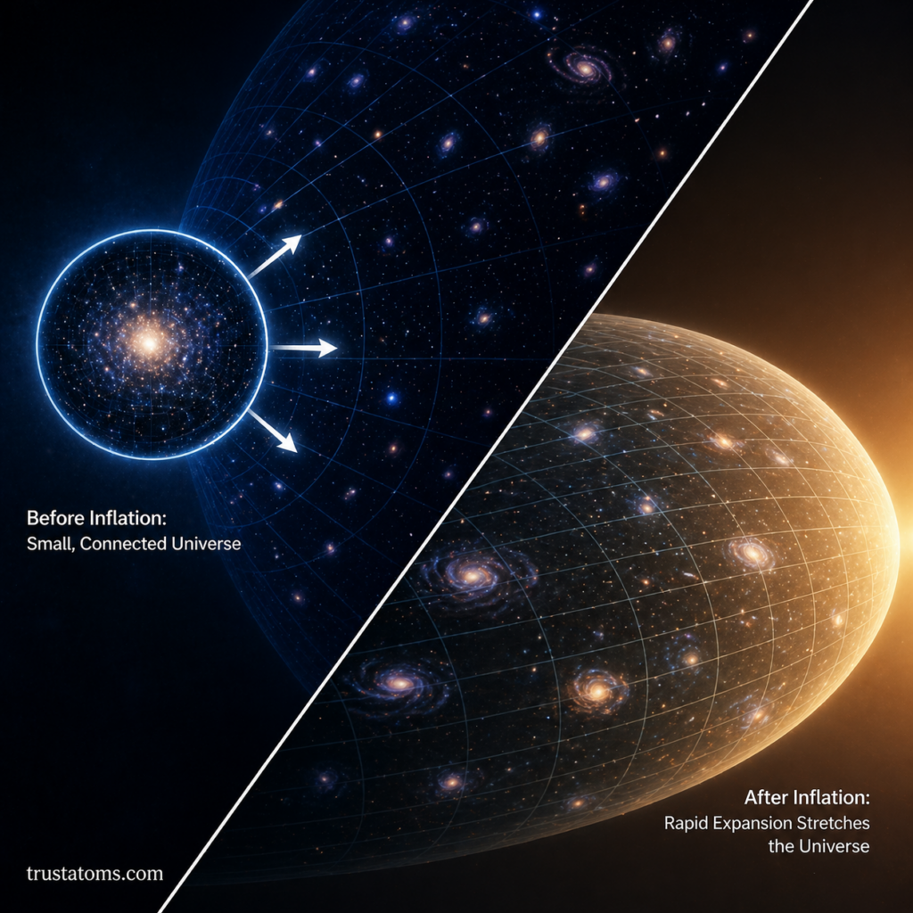 Split illustration showing early small connected universe expanding into a larger stretched universe, representing cosmic inflation and horizon problem solution.