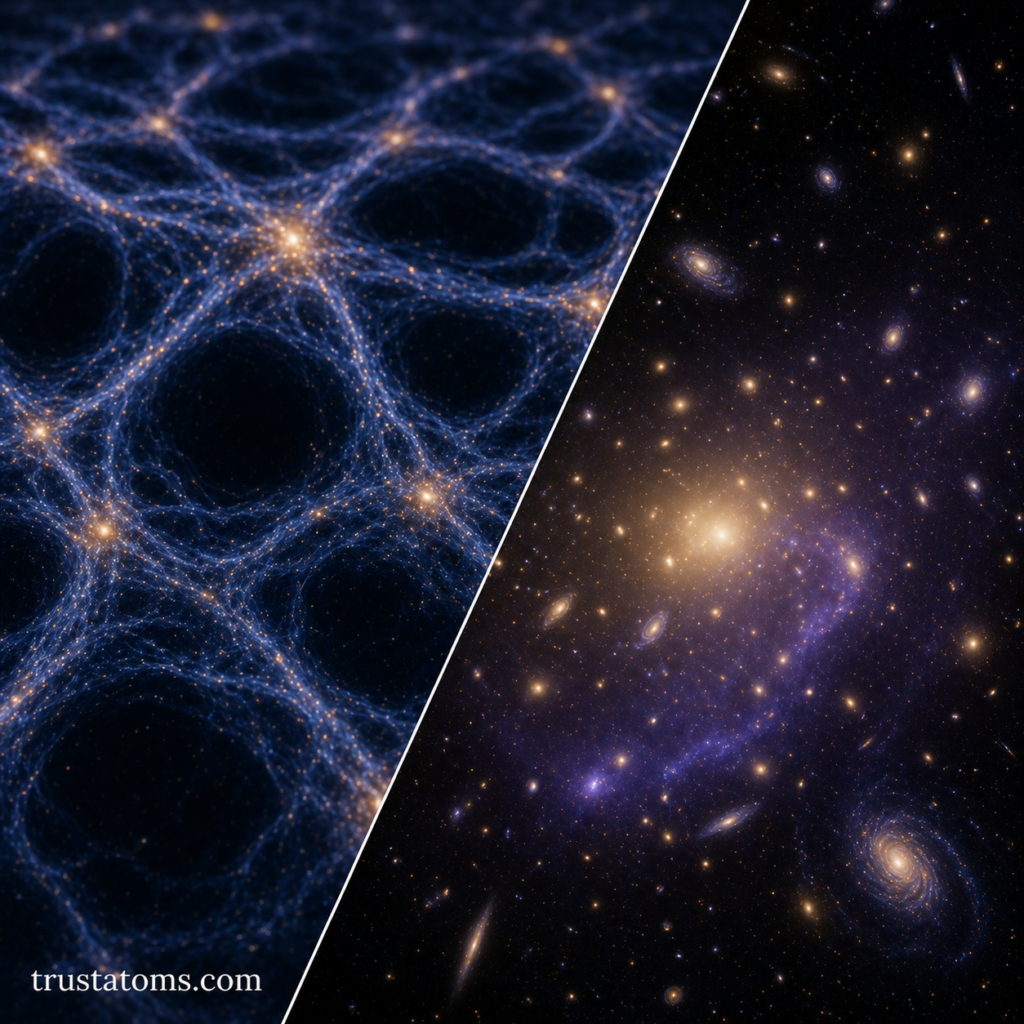 Split illustration showing the cosmic web with filaments and voids on one side and a dense galaxy cluster on the other.