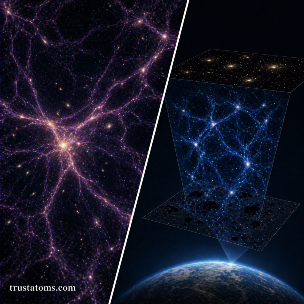 Split illustration showing cosmic web filaments and a 3D representation of galaxy distribution across the universe.