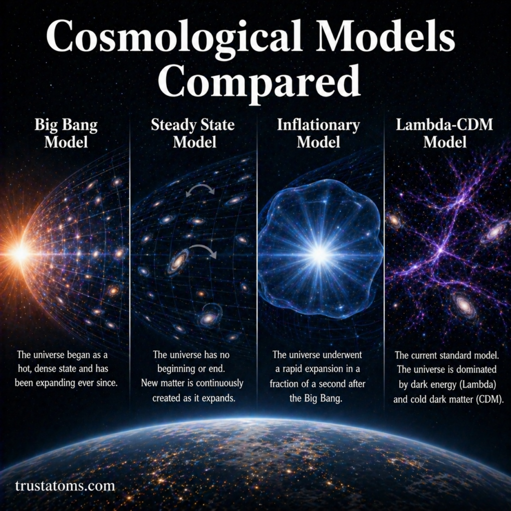 Comparison of cosmological models including Big Bang, Steady State, Inflationary, and Lambda-CDM shown in a visual diagram.