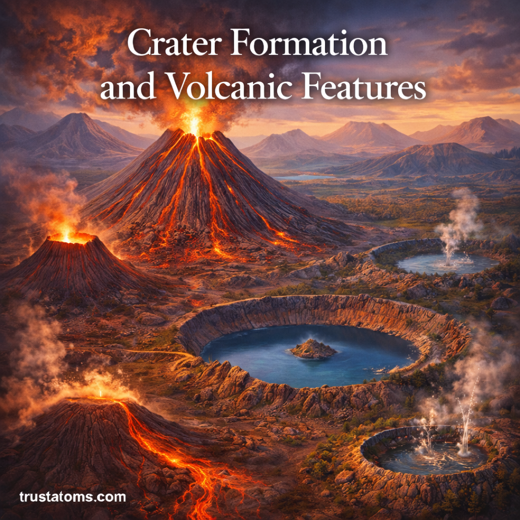 Illustration showing volcanic crater formation with erupting volcano, caldera lake, lava flows, and different volcanic landforms.
