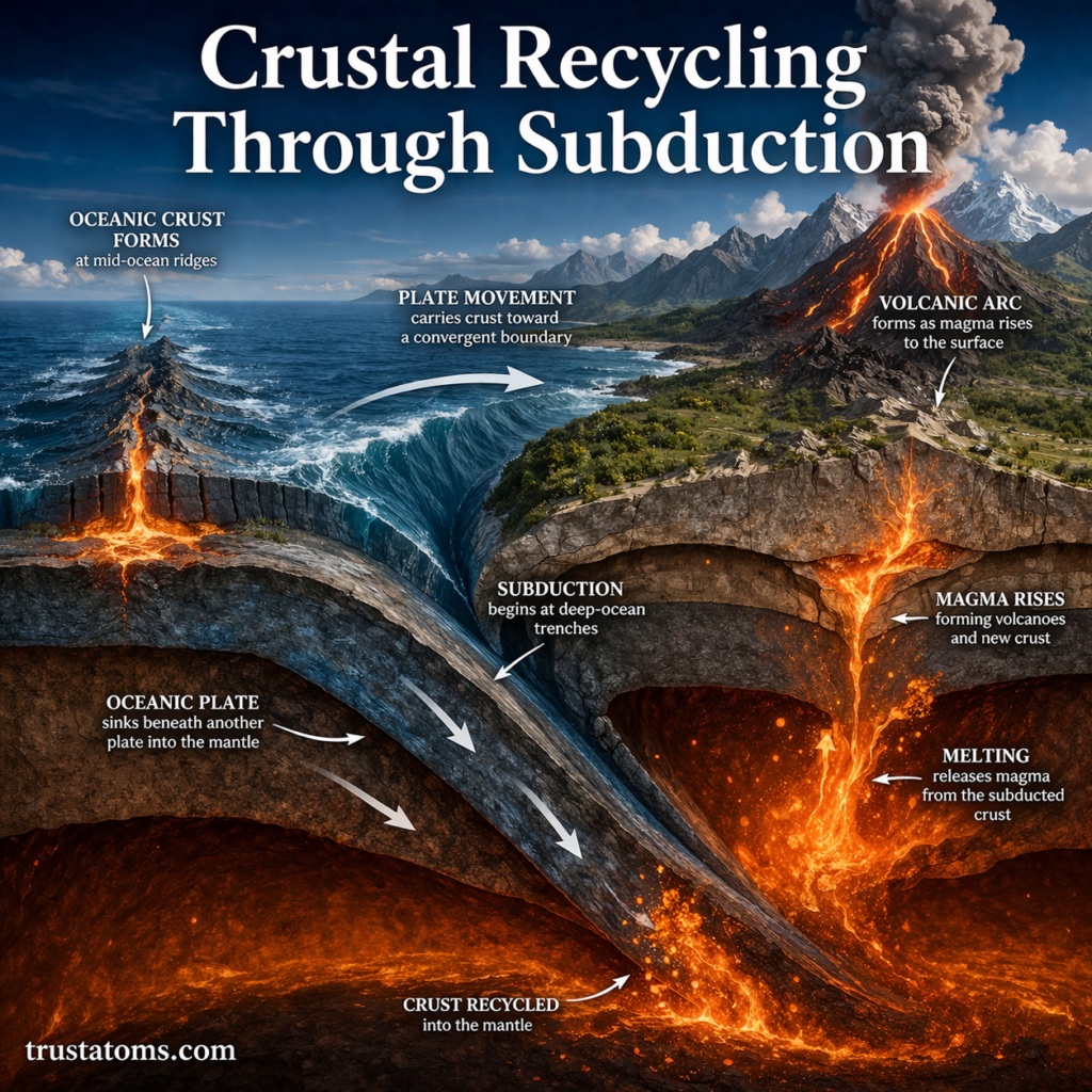 Illustration showing crustal recycling through subduction with oceanic plate sinking, magma formation, and volcanic activity.