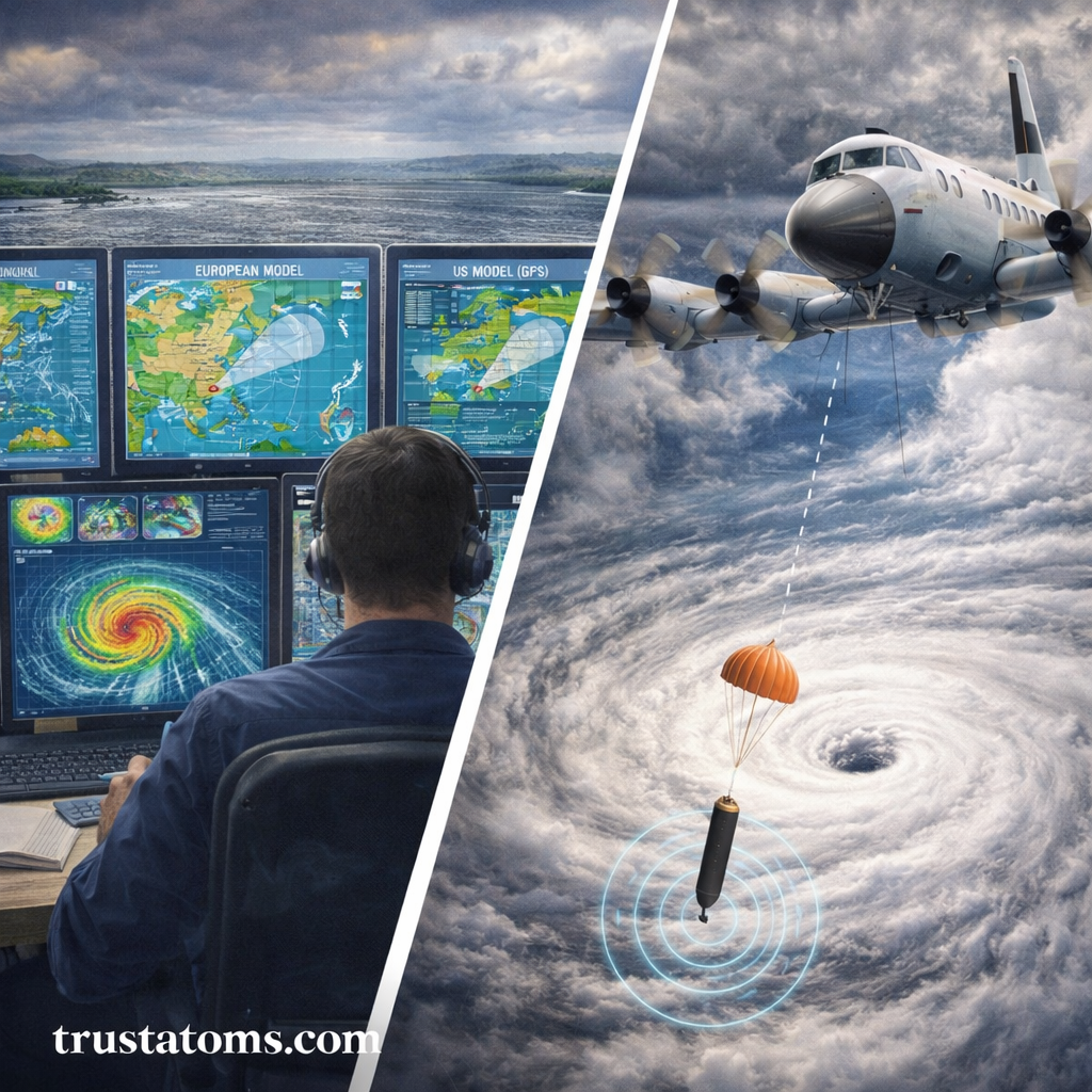 Split image showing meteorologist analyzing cyclone forecast models on screens and aircraft deploying dropsonde into a hurricane.