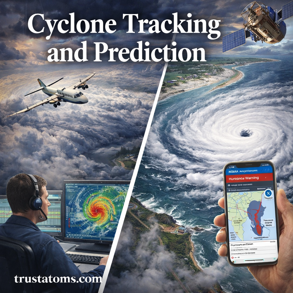 Cyclone tracking and prediction illustration showing satellite monitoring, aircraft reconnaissance, meteorologist analyzing storm data, and a hurricane approaching coastline.