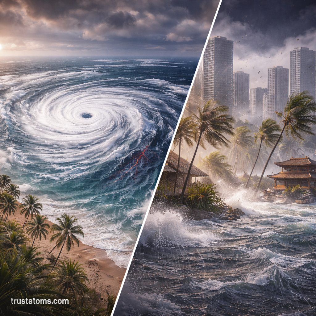 Split illustration showing cyclone approaching tropical coastline and typhoon flooding a dense coastal city with strong winds.