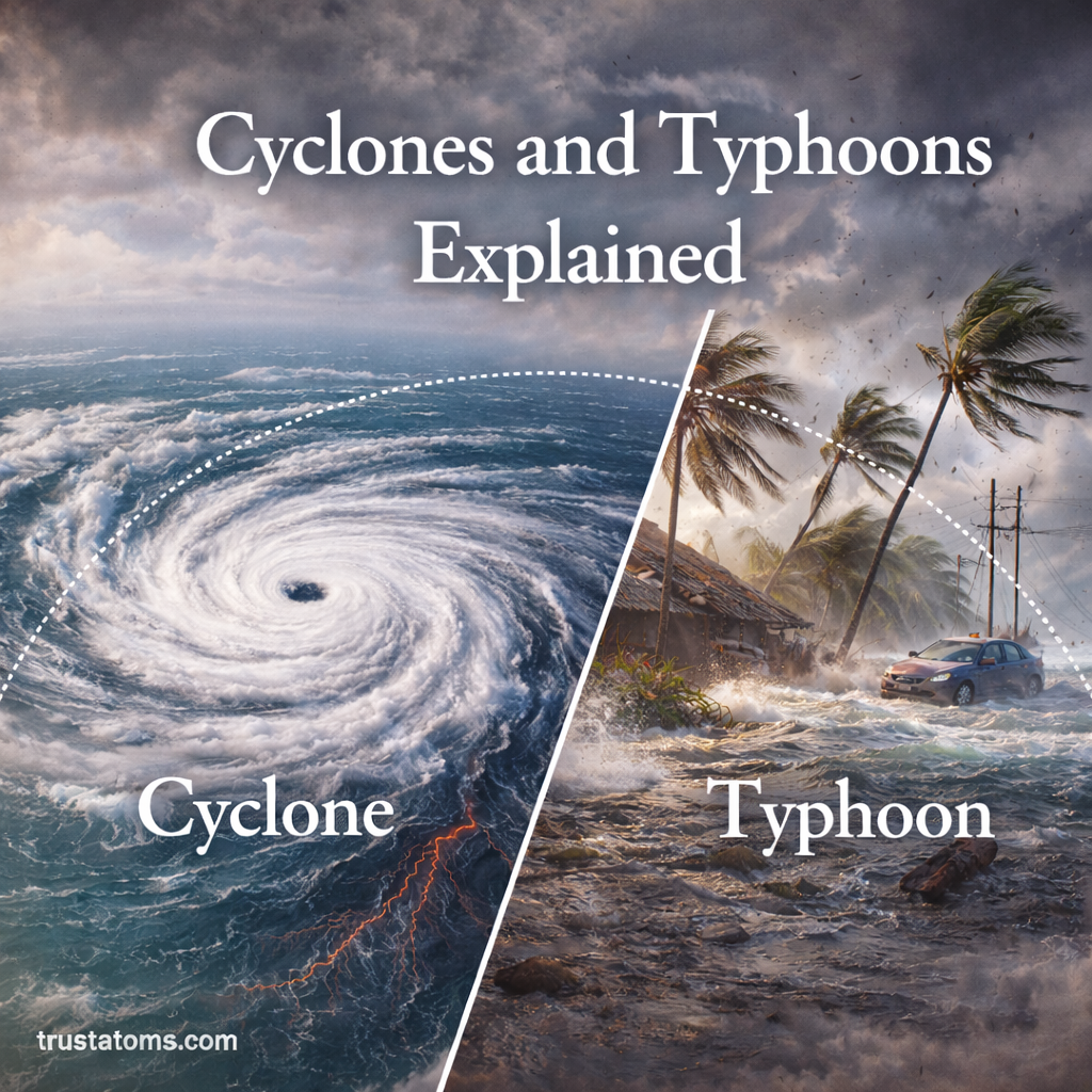 Illustration comparing cyclone over ocean and typhoon impacting coastal area with strong winds and flooding.