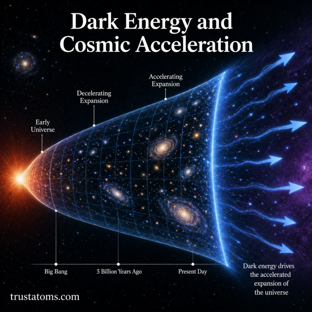 Illustration showing the accelerating expansion of the universe driven by dark energy with galaxies moving apart over time.