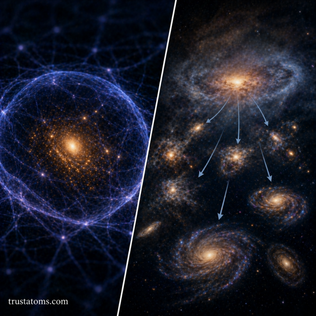 Split illustration showing dark matter halo structure on one side and gas collapsing into forming galaxies on the other.