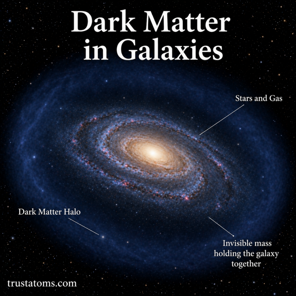 Illustration of a spiral galaxy surrounded by a dark matter halo showing invisible mass holding the galaxy together.