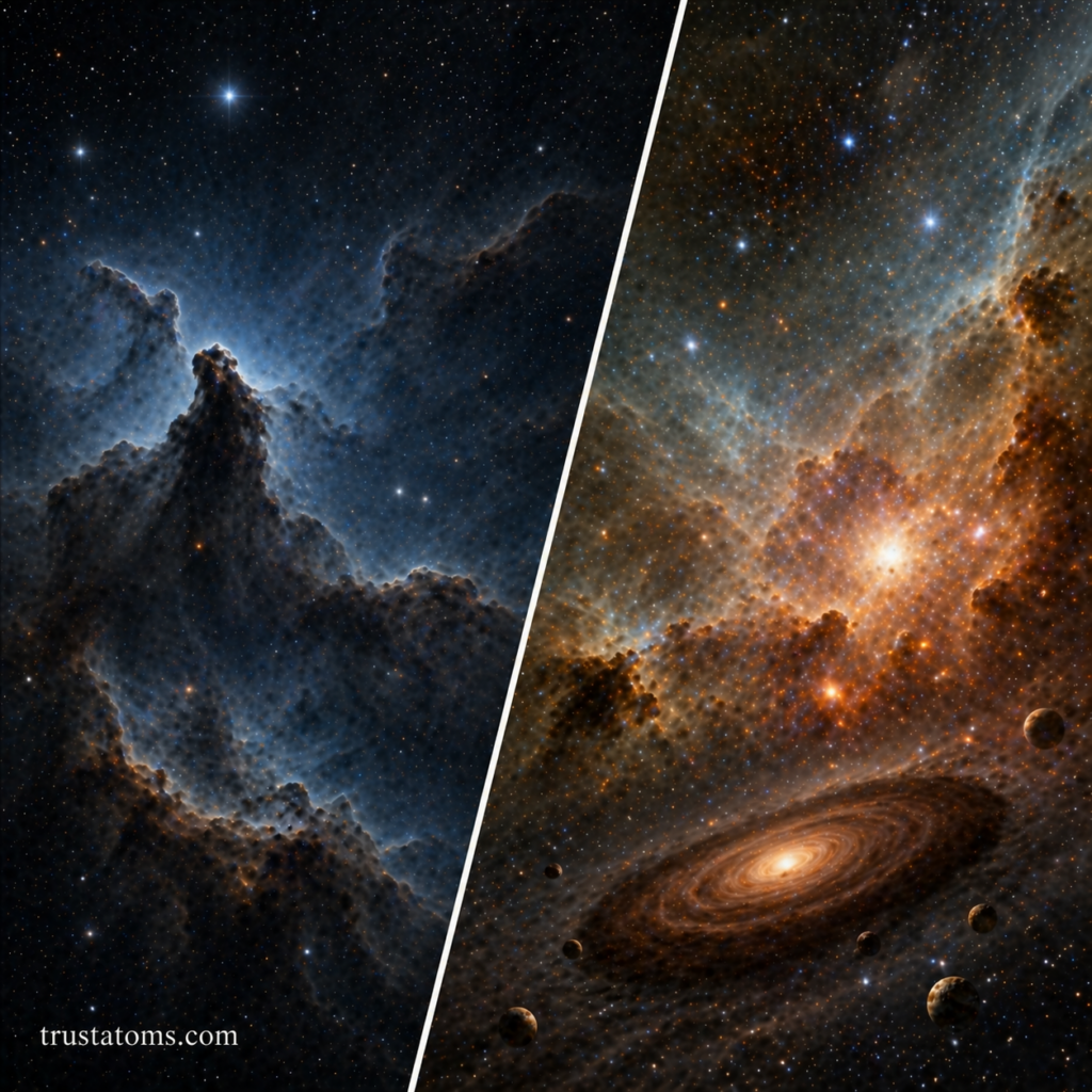 Split illustration comparing a dark nebula blocking light and a bright star-forming region with glowing gas and a protoplanetary disk.