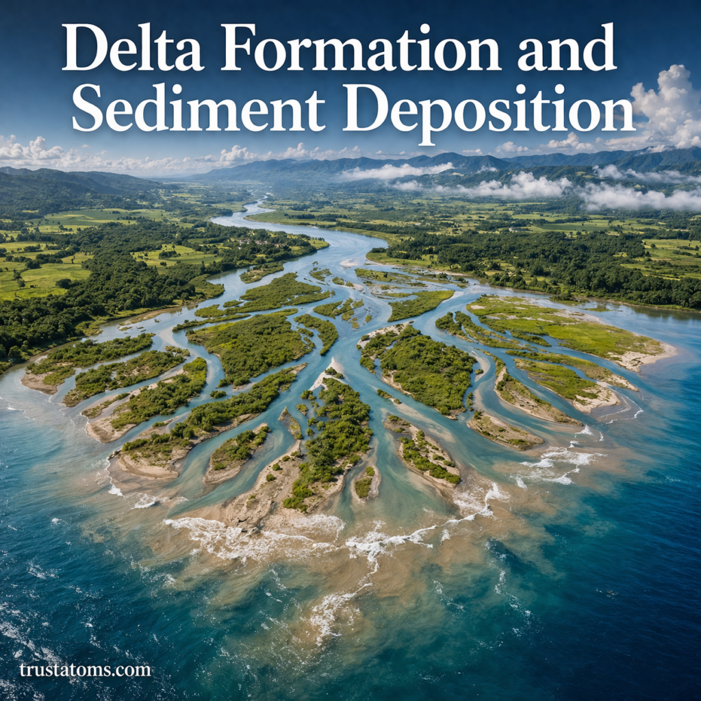 River delta illustration showing distributary channels, sediment deposition, and land formation at a river mouth.