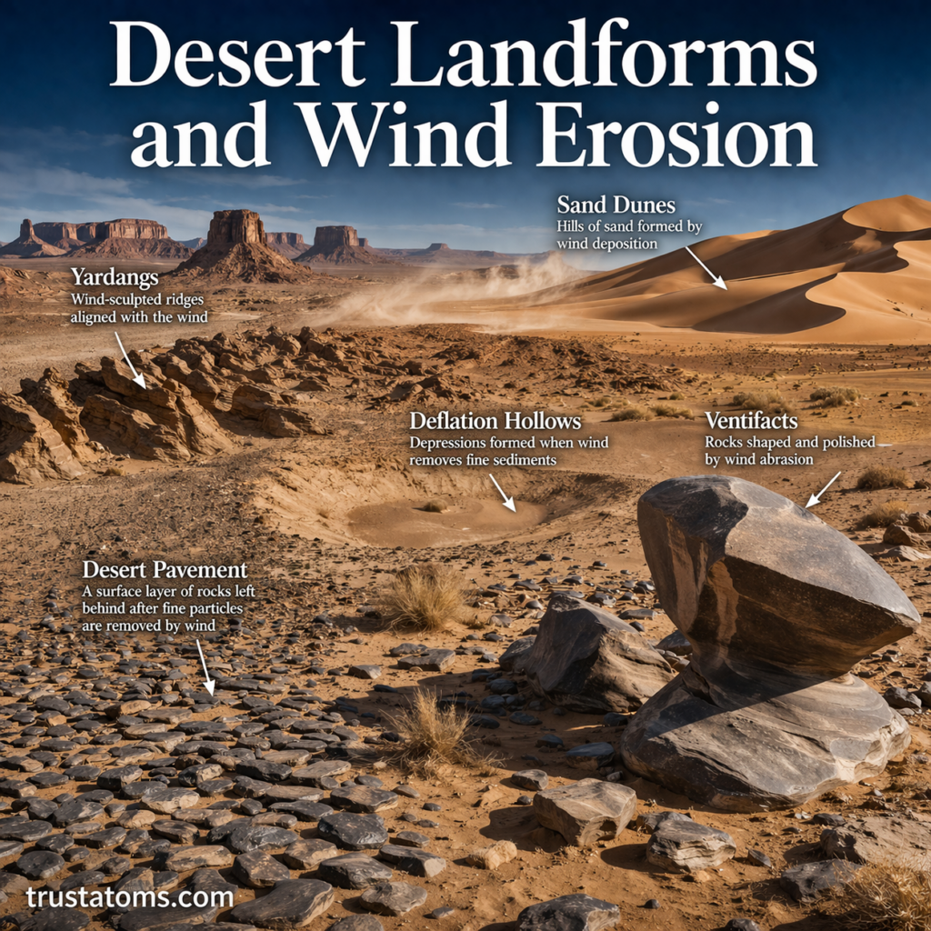Illustration of desert landforms including sand dunes, yardangs, desert pavement, and ventifacts shaped by wind erosion.