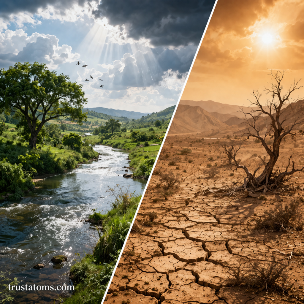 Split illustration showing fertile green land contrasted with dry desert landscape affected by desertification.