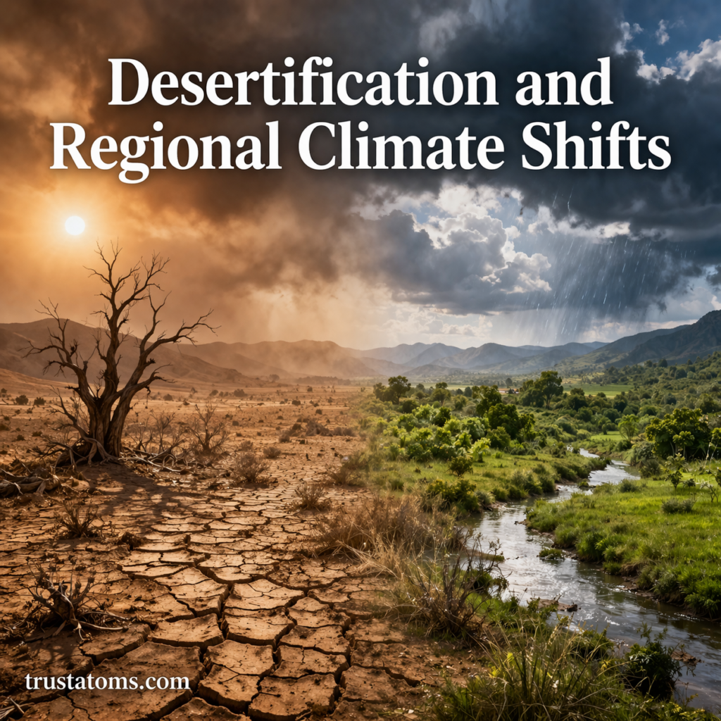 Illustration of desertification and regional climate shifts showing dry cracked land transitioning into a green landscape with rainfall.
