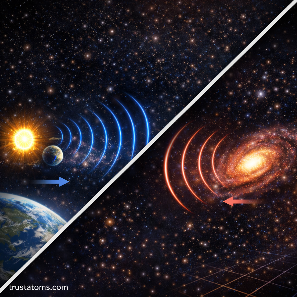 Split illustration showing blueshift as a star moves toward Earth and redshift as a galaxy moves away in space.