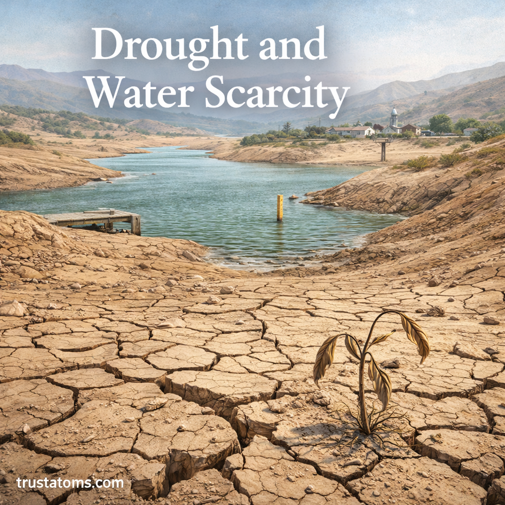 Illustration showing drought and water scarcity with cracked dry land, a shrinking reservoir, and a withered plant.