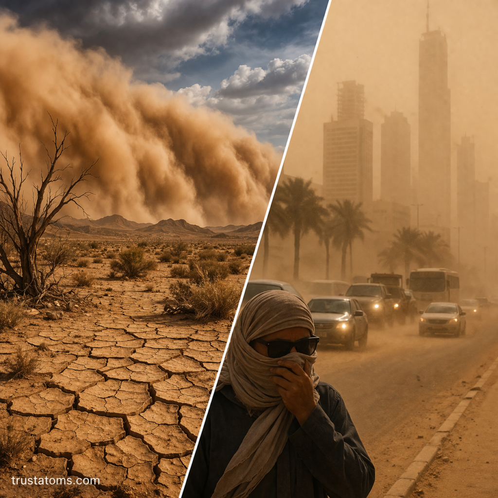 Split illustration showing a desert dust storm forming over dry cracked land and its impact on a city with reduced visibility and airborne dust.