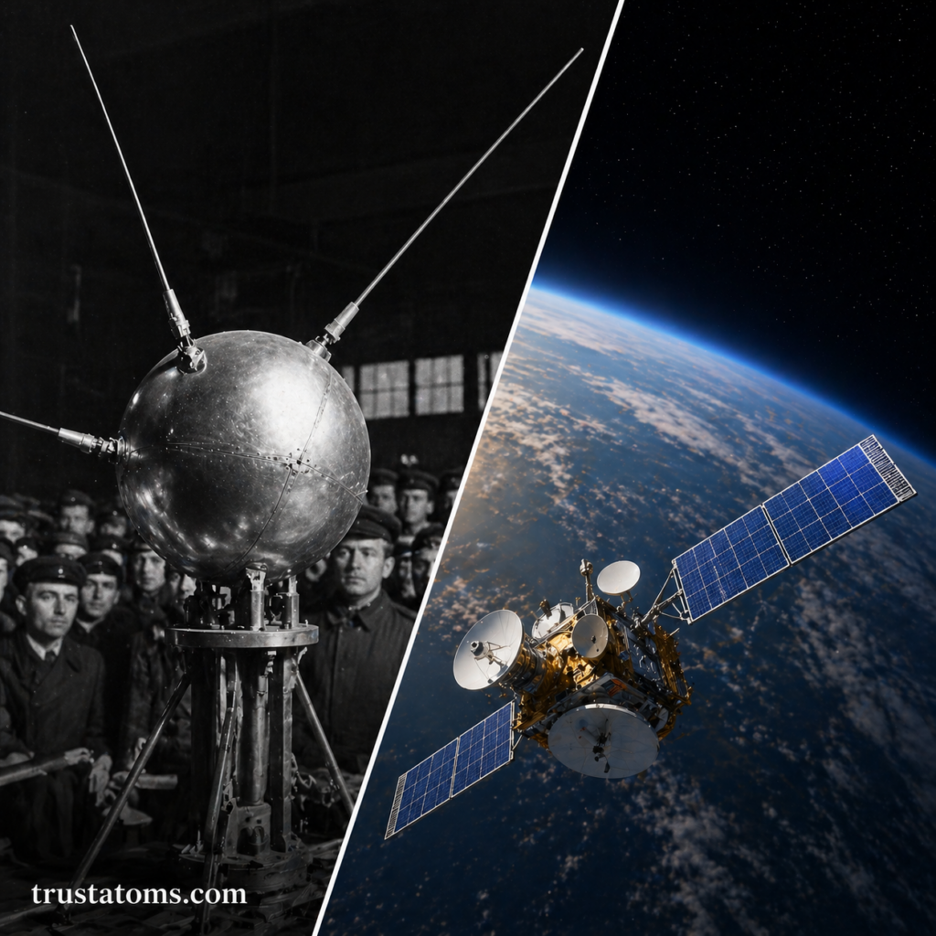 Split illustration showing an early Sputnik-style satellite on one side and a modern communication satellite orbiting Earth on the other.