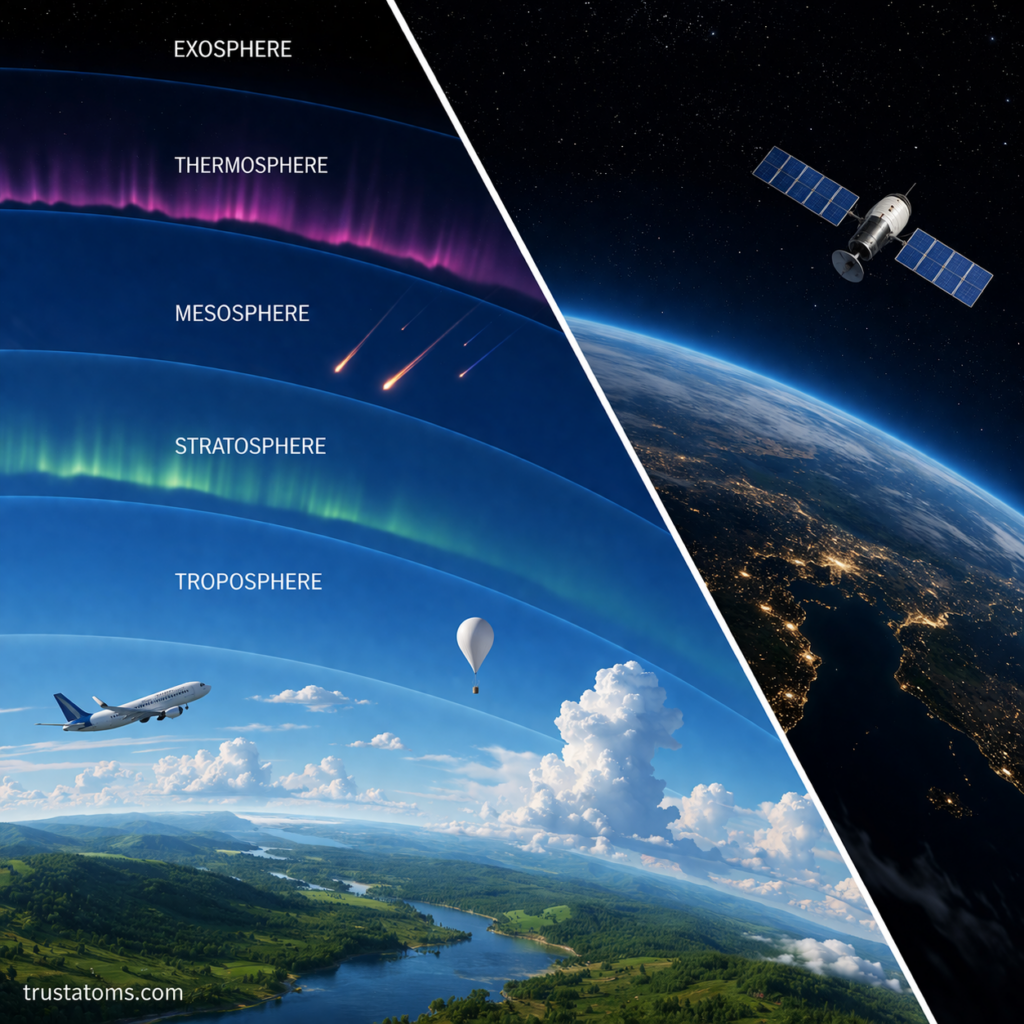 Split-view illustration of Earth’s atmosphere showing atmospheric layers on one side and outer space with a satellite on the other.