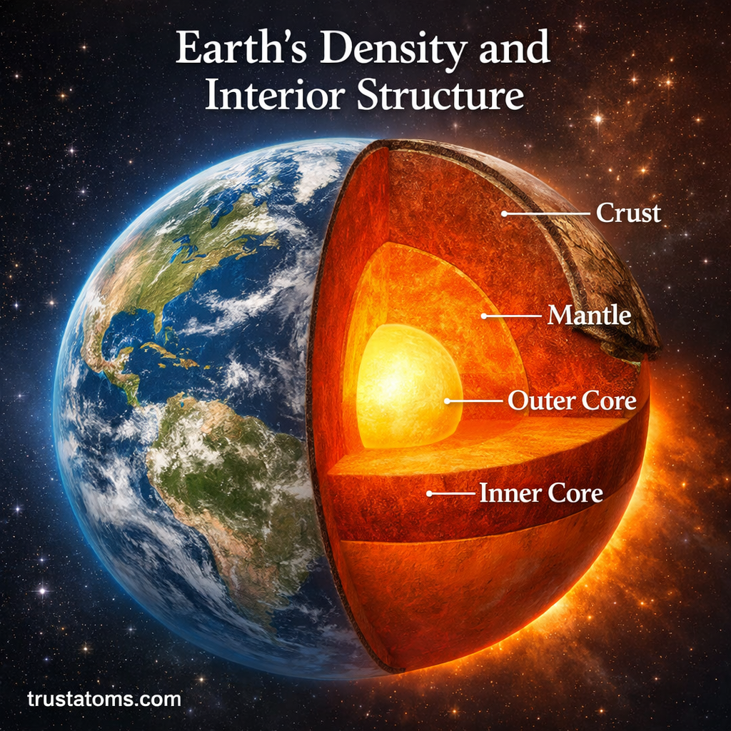 Illustration of Earth’s density and interior structure showing crust, mantle, outer core, and inner core layers.