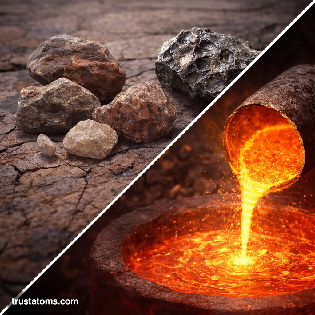 Split illustration showing solid surface rocks on one side and molten metal pouring on the other, representing Earth’s material differentiation.