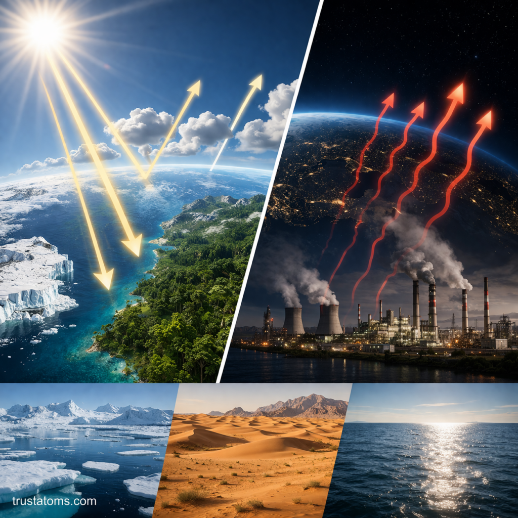 Split image showing natural Earth energy balance with sunlight and reflection on one side and industrial pollution with heat radiation on the other.